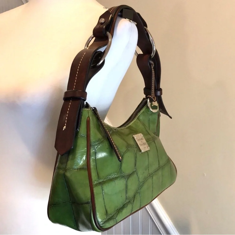 DOONEY BOURKE Green Croc Embossed Leather Hobo Shoulder Bag Top Zip Closure